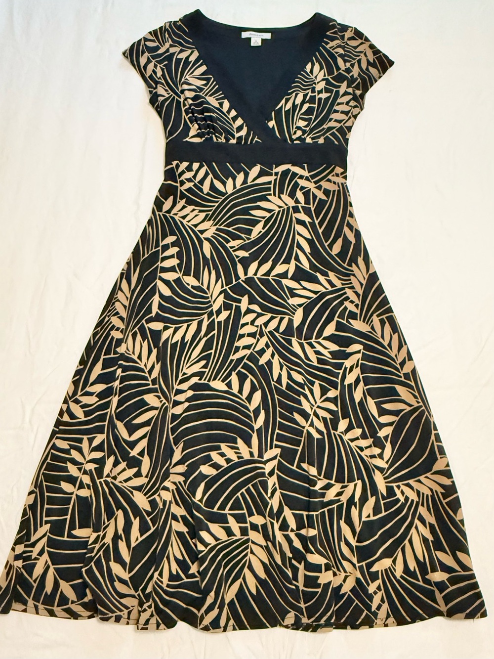 dressbarn Black Maxi Dress with Tan Leaf Motif